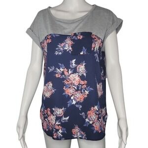 Violets & Roses Blue Floral Rolled Short Sleeve Blouse‎